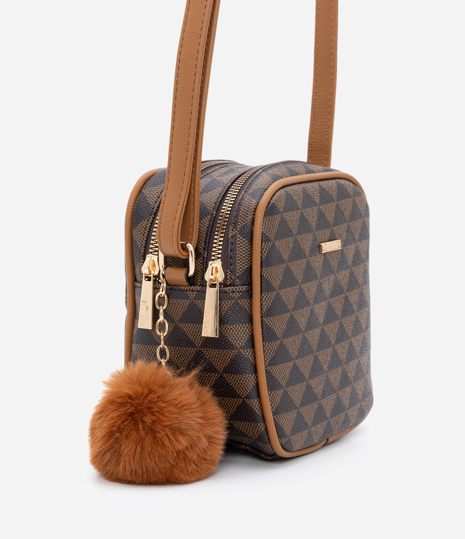 Bolsa Transversal Pequena com Abertura Dupla e Pompom Marrom 6