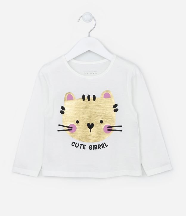 Camiseta Infantil Manga Longa com Estampa de Gatinho - Tam 1 a 5 anos Branco 1