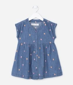 Vestido Infantil em Jeans com Bordado de Frutinhas - Tam 1 a 5 Anos