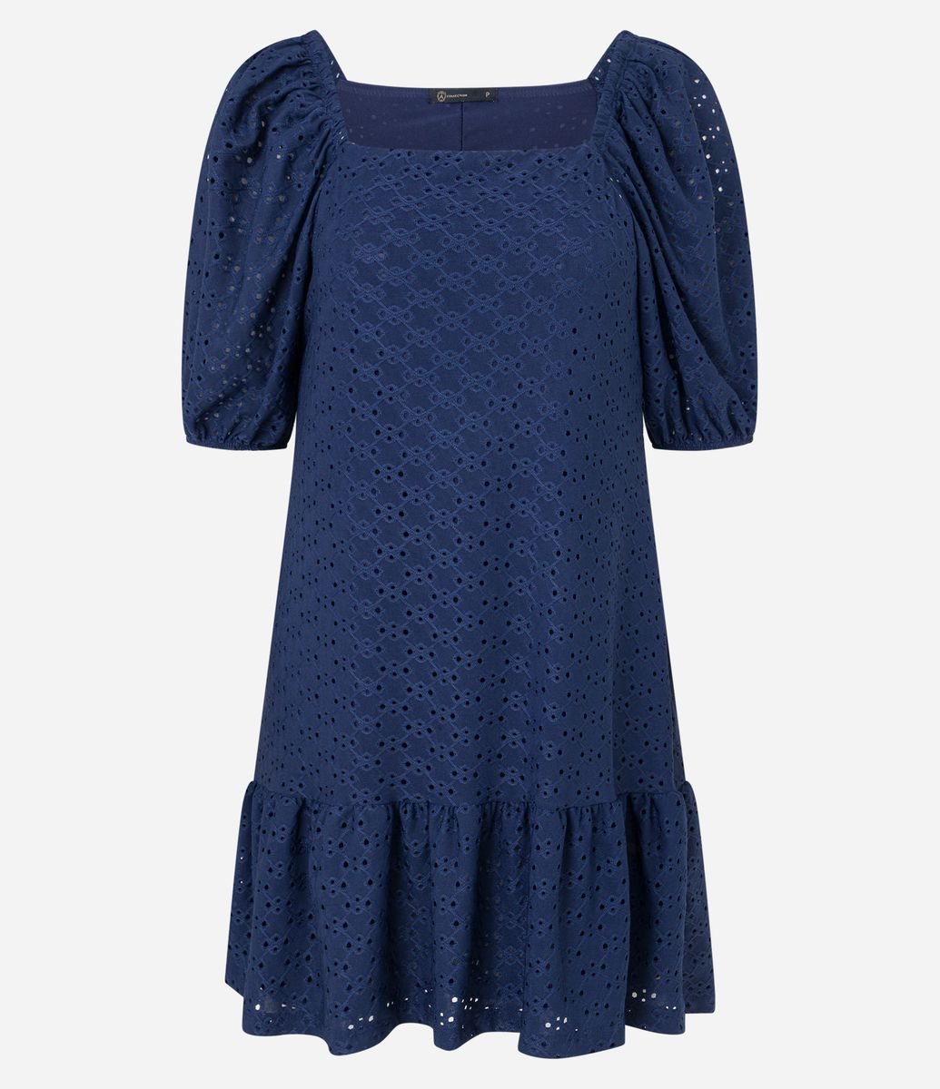 Vestido Curto Manga Longa Bufante Azul Marinho