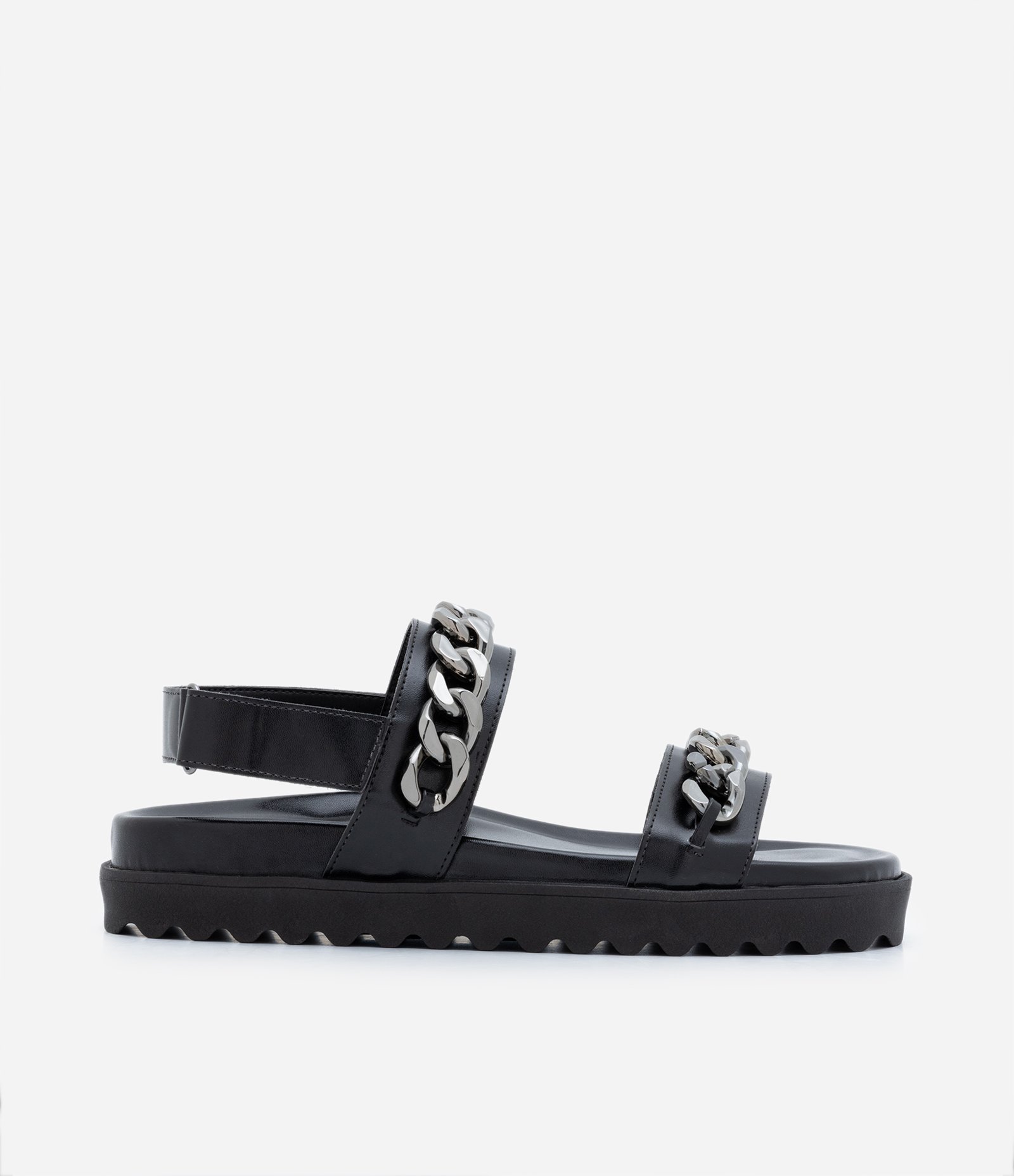 Sandália Rasteira Sport Sandal com Correntes e Velcro Preto 1
