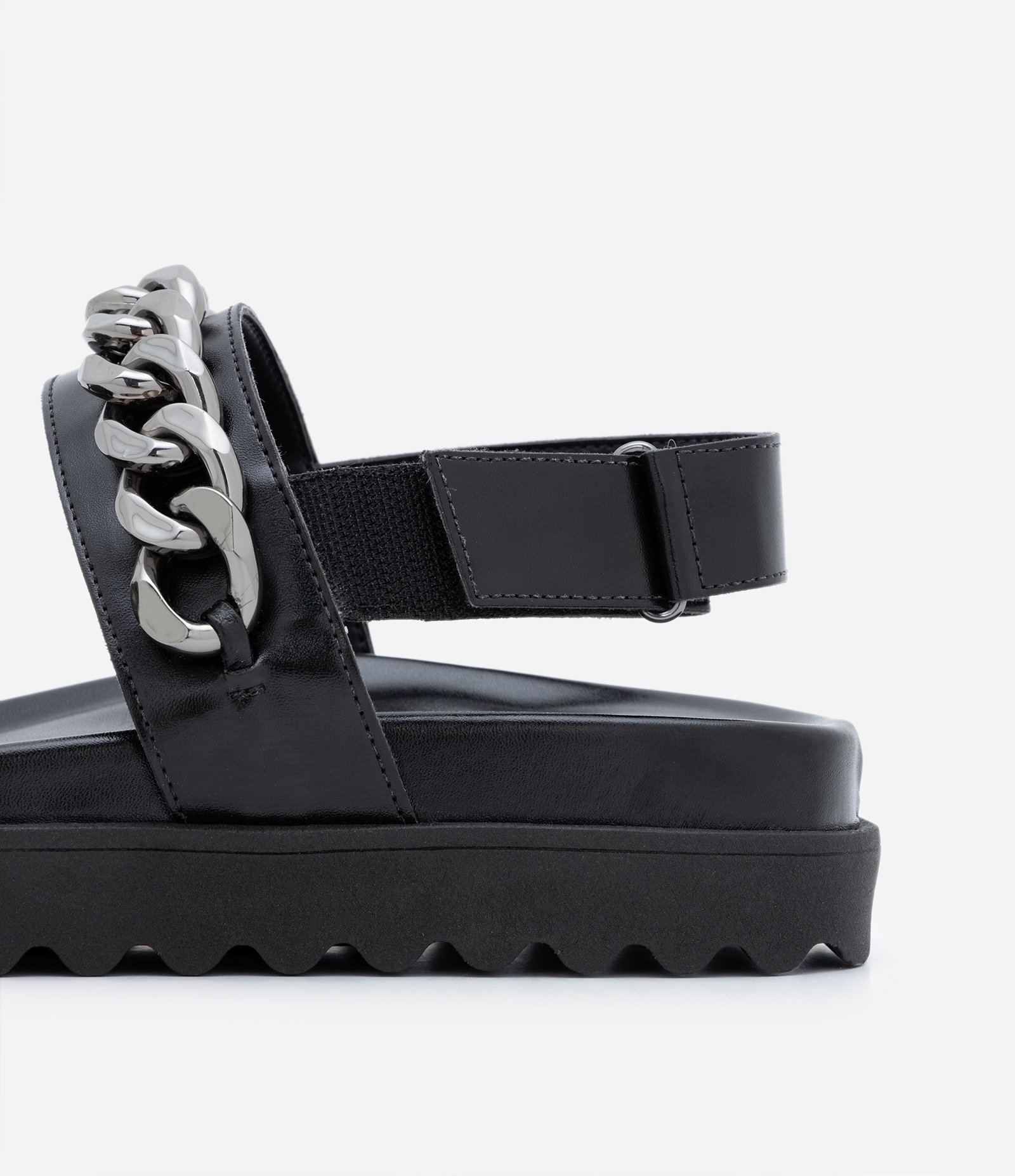 Sandália Rasteira Sport Sandal com Correntes e Velcro Preto 4