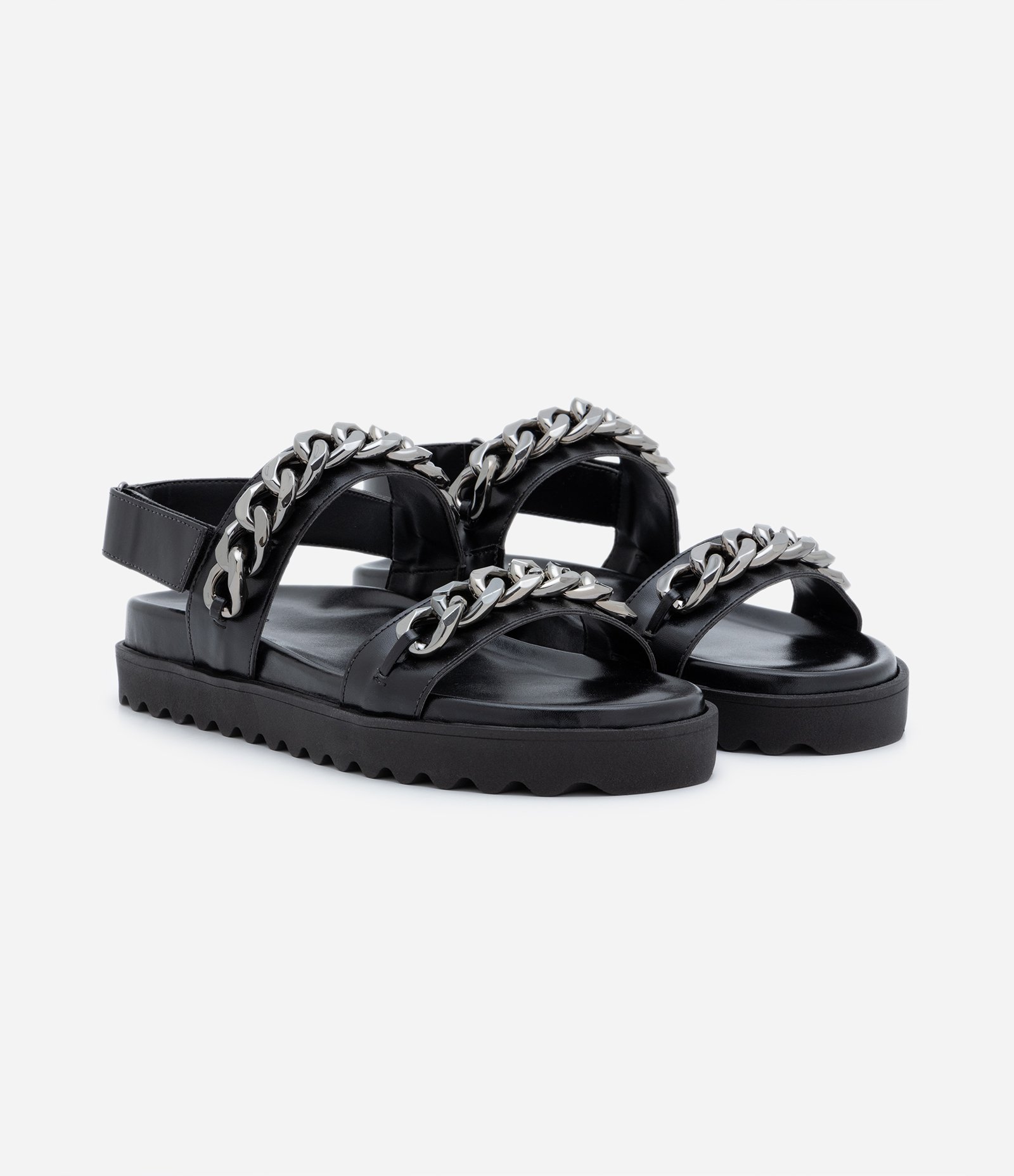 Sandália Rasteira Sport Sandal com Correntes e Velcro Preto 6