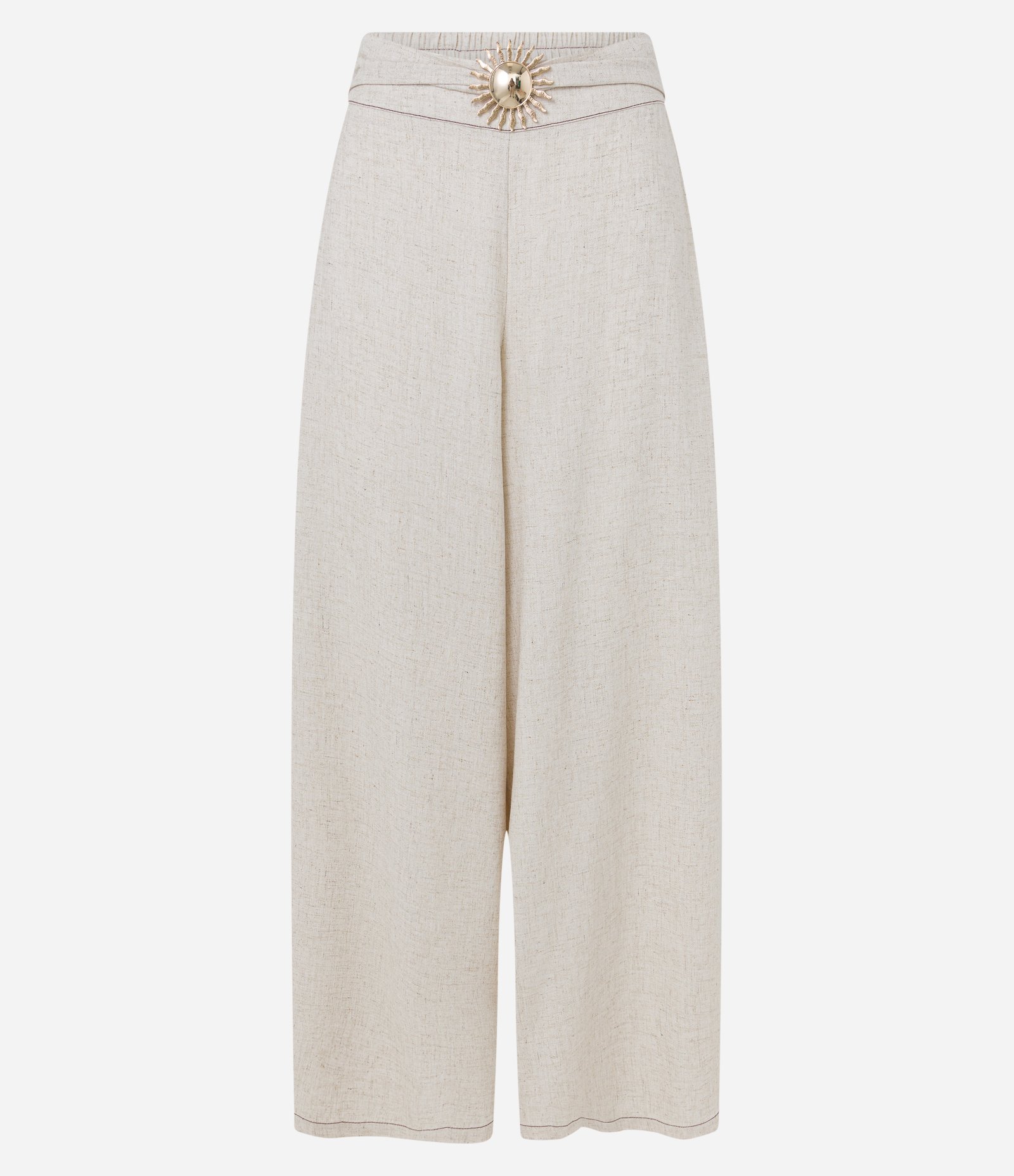 Saída de Praia Calça Pantalona em Viscolinho com Sol Metalizado no Cós Bege 5