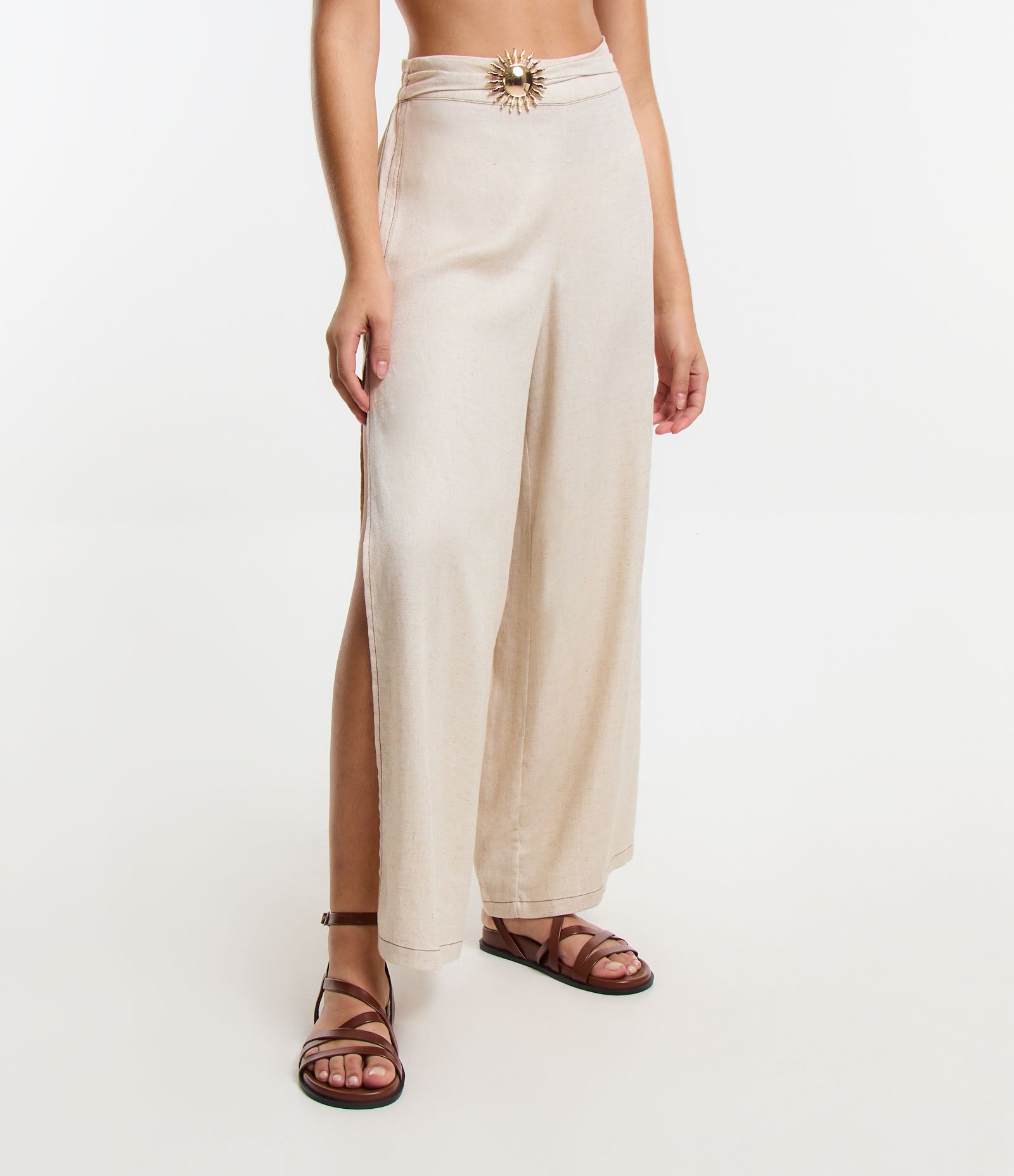 Saída de Praia Calça Pantalona em Viscolinho com Sol Metalizado no Cós Bege 2