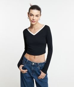 Blusa Manga Longa em Algodão com Decote V Contrastante