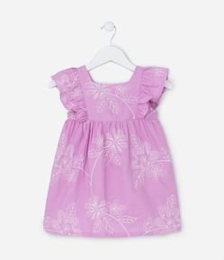Vestido Infantil com Babado e Bordadinho Floral - Tam 1 a 5 Anos