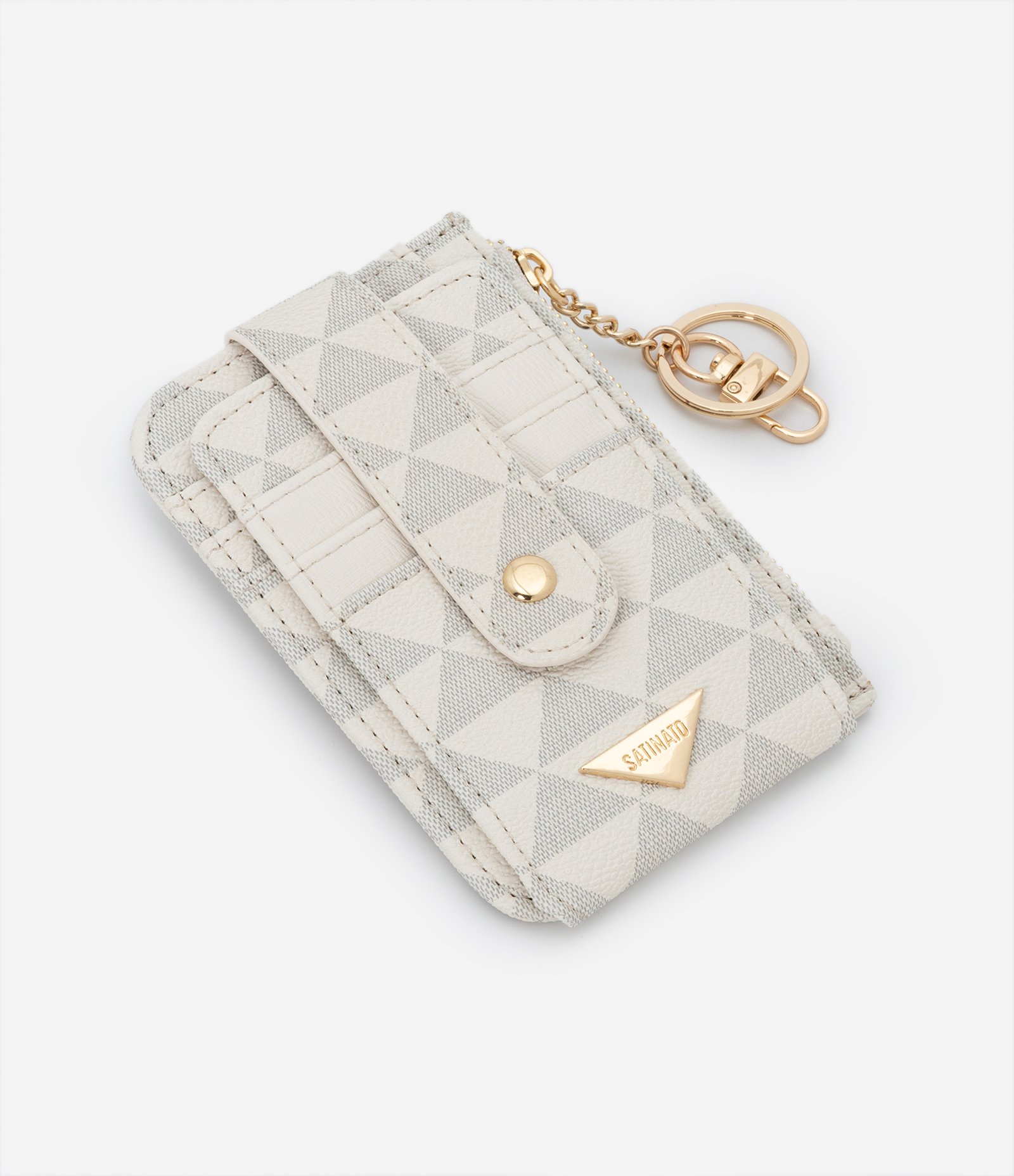 Carteira Porta Cartão Pequena com Estampa de Triângulos e Chaveiro com Lobster Off White 1