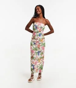 Vestido New Midi em Tule com Decote Tomara que Caia e Estampa Floral