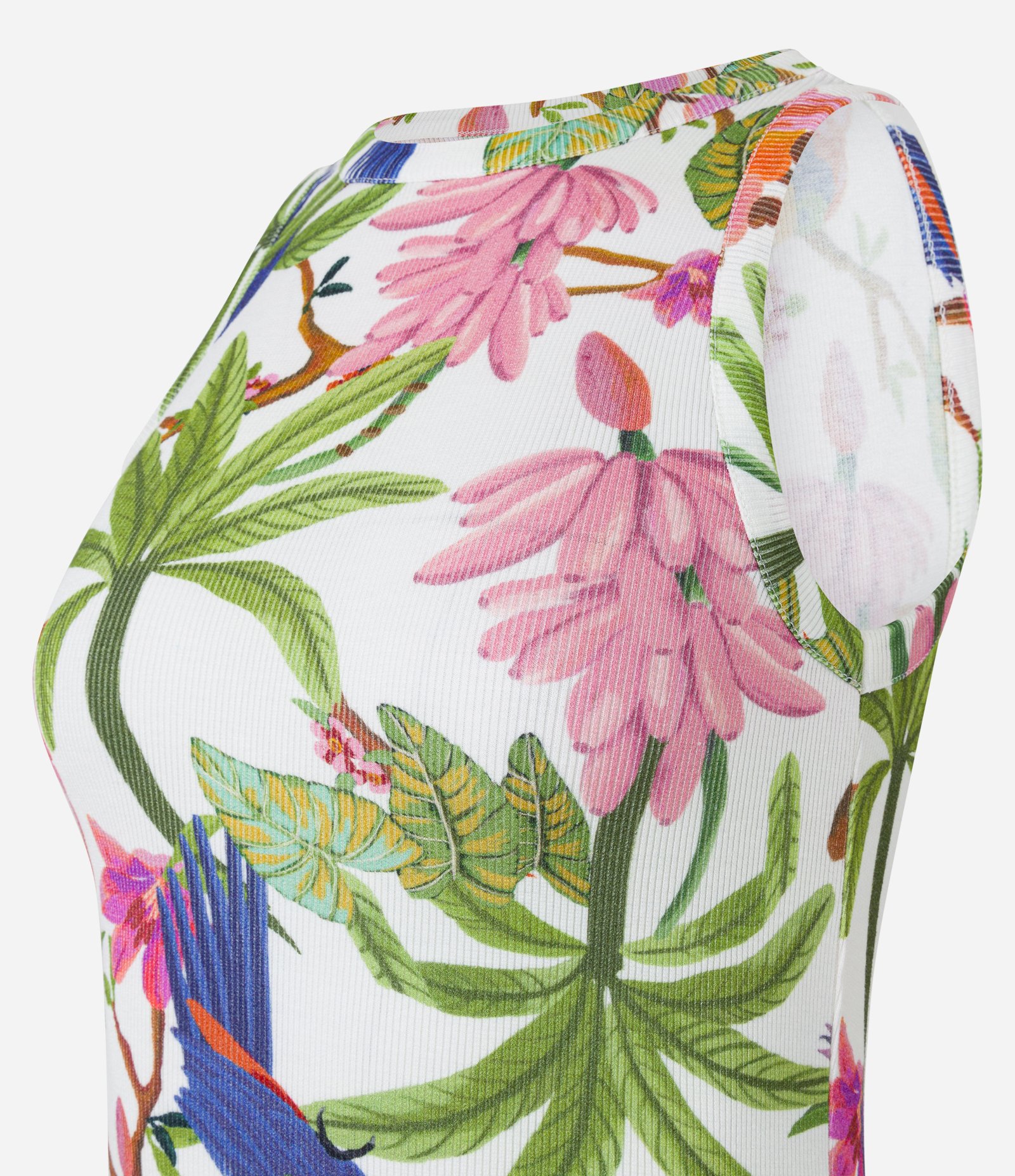 Blusa sem Manga em Ribana com Estampa de Folhagens Branco 7
