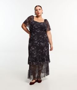 Vestido New Midi em Tule Floral com Babados Curve & Plus Size