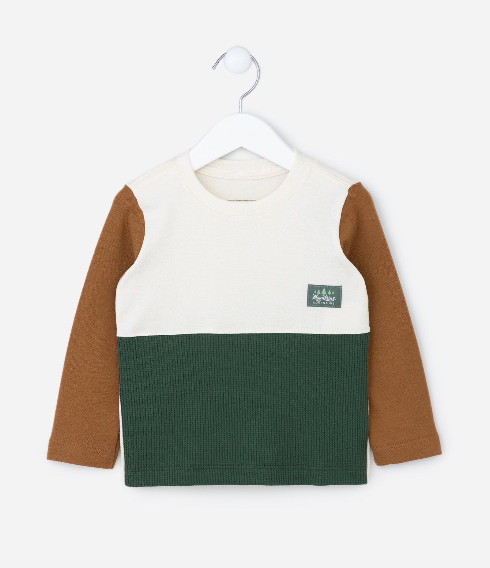 Camiseta Infantil com Recorte em Textura Canelada - Tam 1 a 5 Anos Off White/ Verde/ Marrom 1