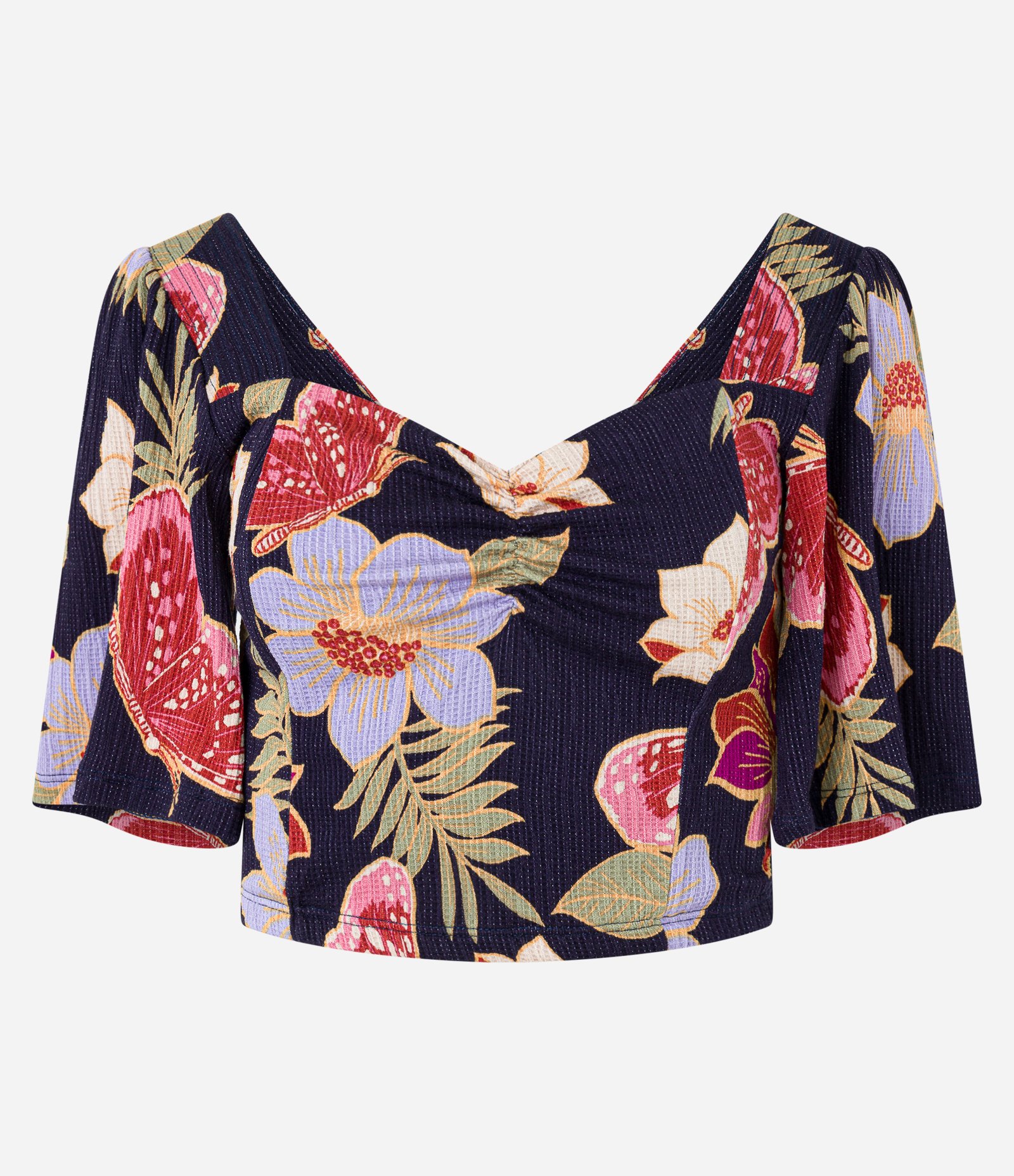 Blusa Cropped Texturizada com Pesponto e Estampa Floral com Borboletas Preto 5