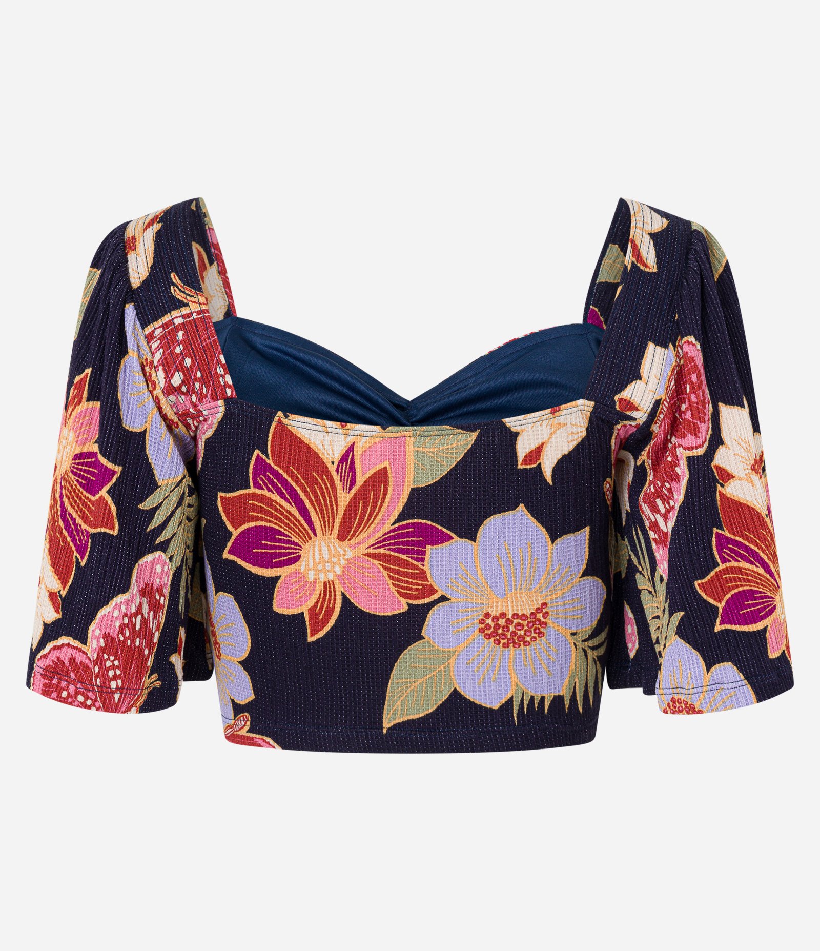 Blusa Cropped Texturizada com Pesponto e Estampa Floral com Borboletas Preto 7