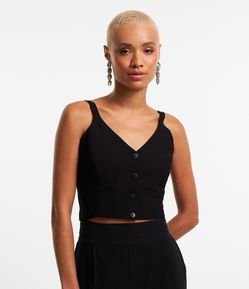 Blusa de Alça Cropped em Alfaiataria com Botões e Bolsos