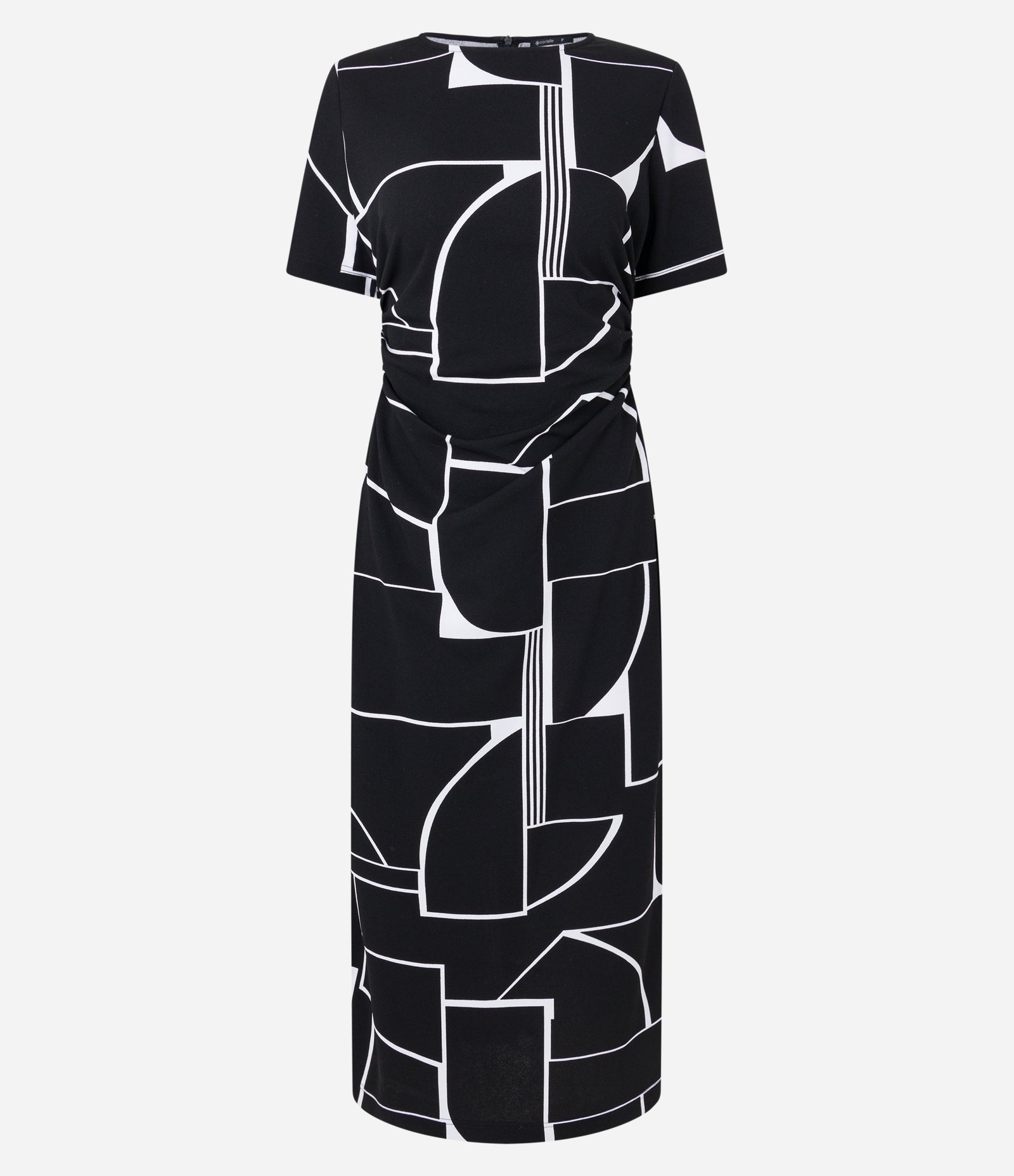 Vestido Midi em Crepe com Estampa Abstrata e Textura Drapeada Preto 7