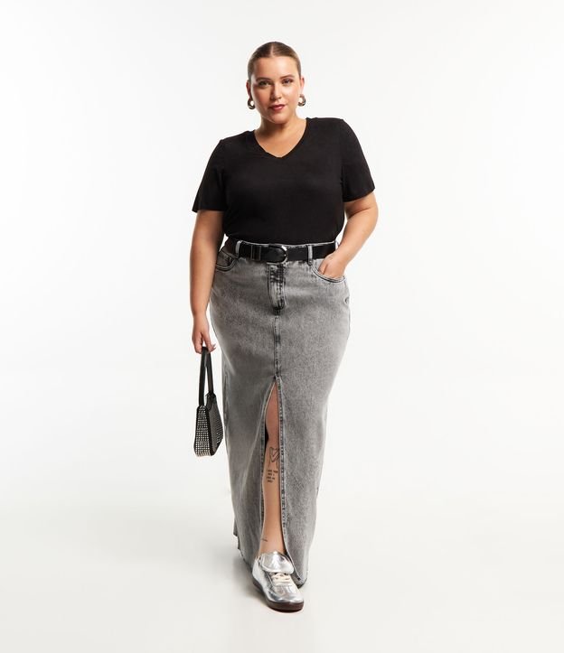 Saia Longa em Jeans Marmorizado com Fenda Frontal Curve & Plus Size Cinza 1