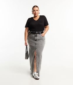 Saia Longa em Jeans Marmorizado com Fenda Frontal Curve & Plus Size