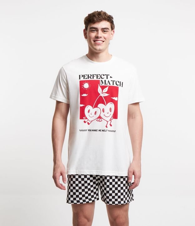 Pijama Curto em Algodão Xadrez e Estampa Match Perfeito