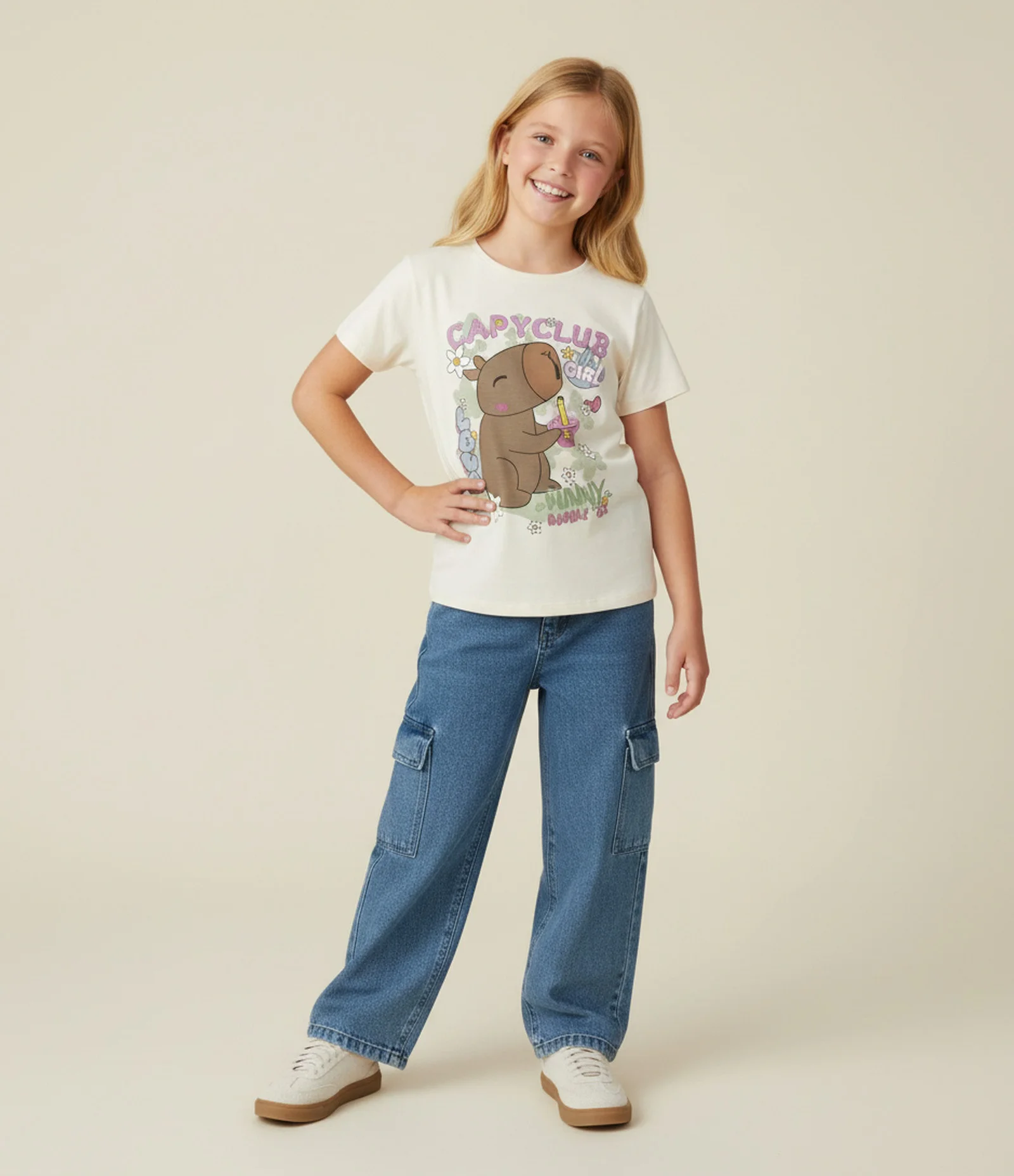Camiseta Infantil Manga Curta com Estampa de Capivara - Tam 5 a 14 anos Bege 1