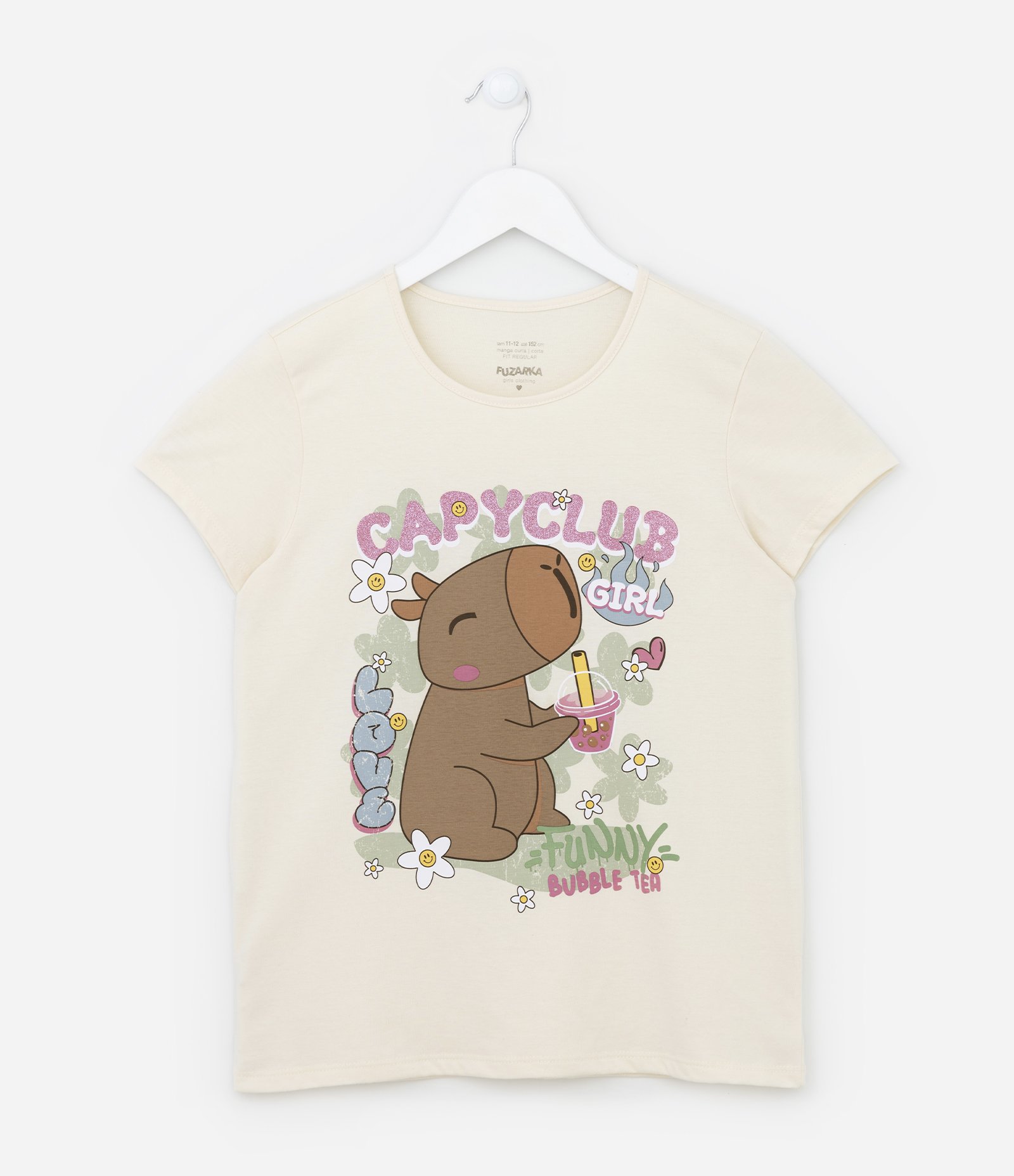 Camiseta Infantil Manga Curta com Estampa de Capivara - Tam 5 a 14 anos Bege 1