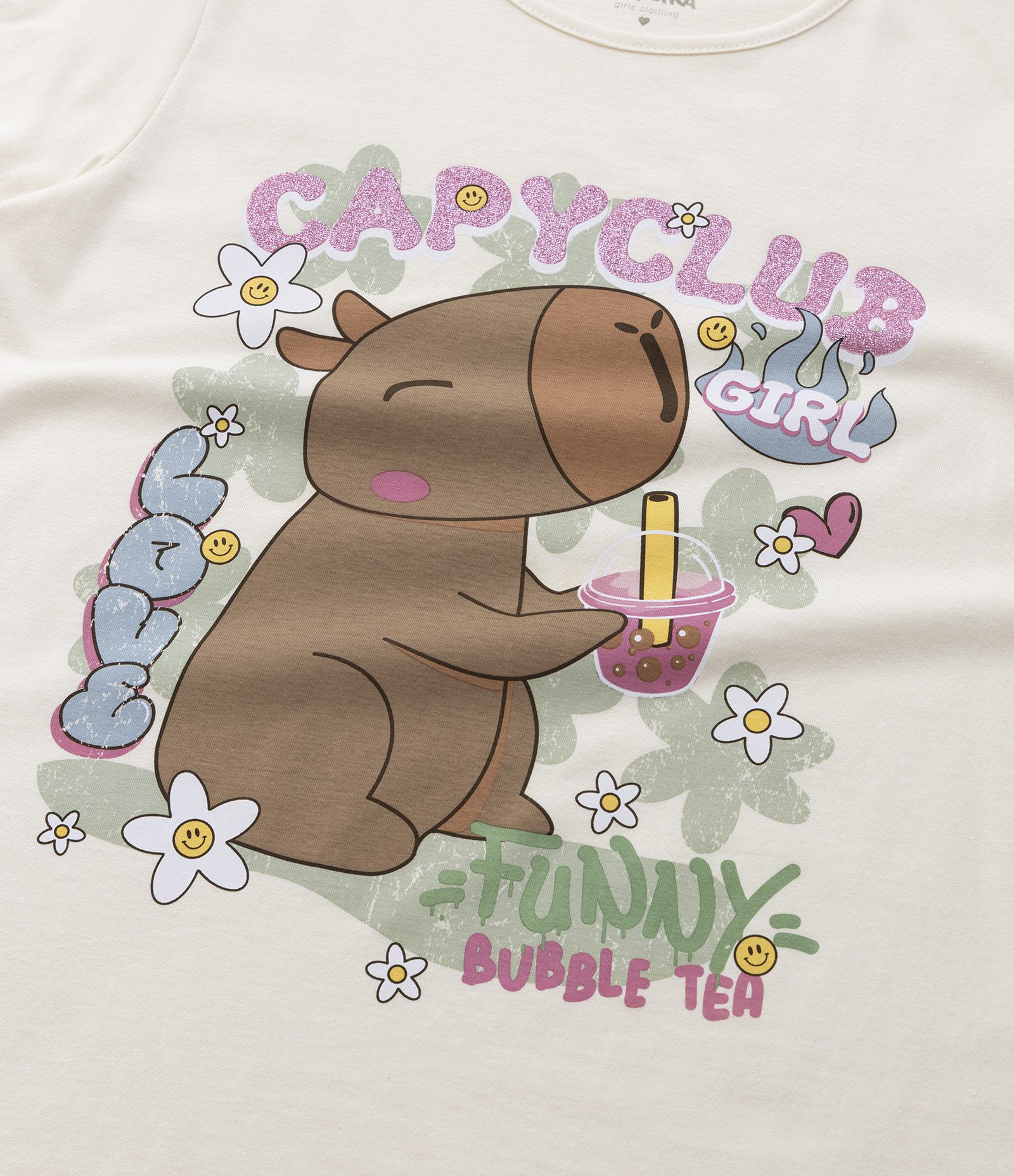 Camiseta Infantil Manga Curta com Estampa de Capivara - Tam 5 a 14 anos Bege 4
