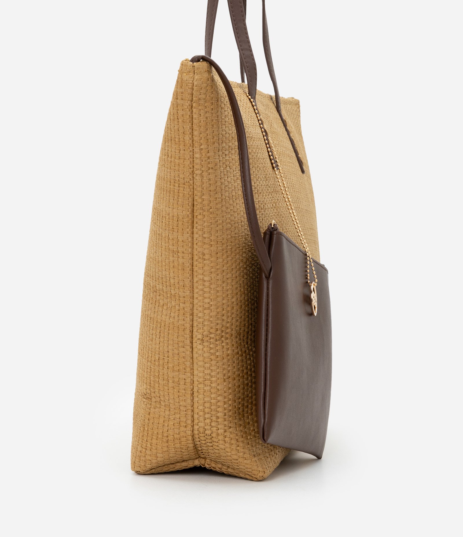 Bolsa de Praia Média com Alça Pespontada e Nécessaire Bege/Marrom 3