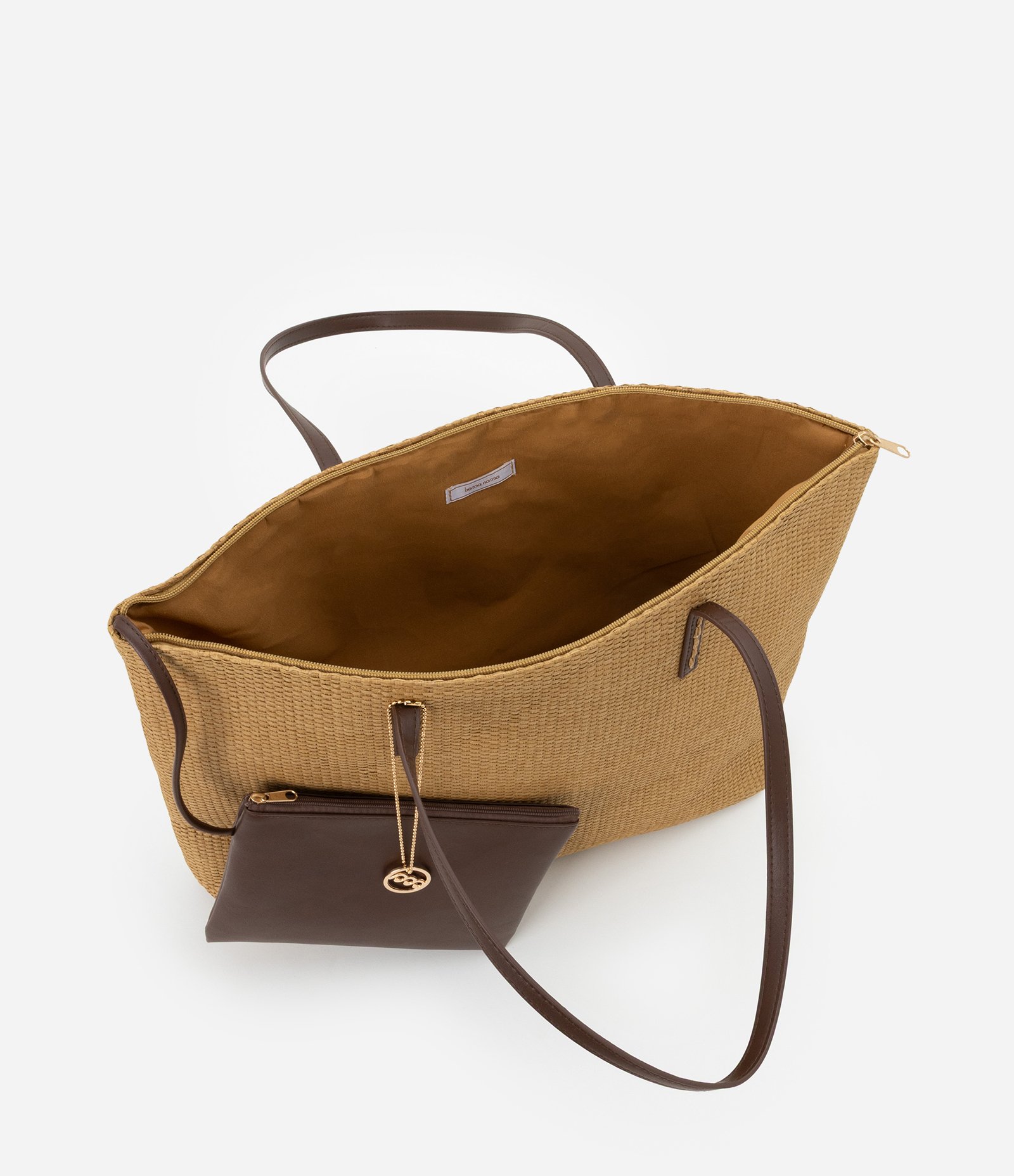 Bolsa de Praia Média com Alça Pespontada e Nécessaire Bege/Marrom 6