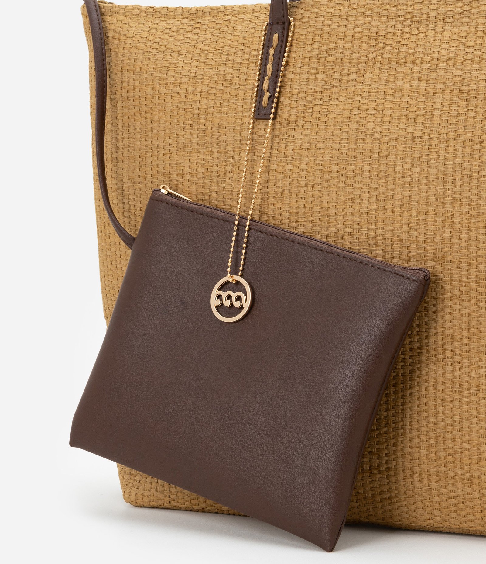 Bolsa de Praia Média com Alça Pespontada e Nécessaire Bege/Marrom 7