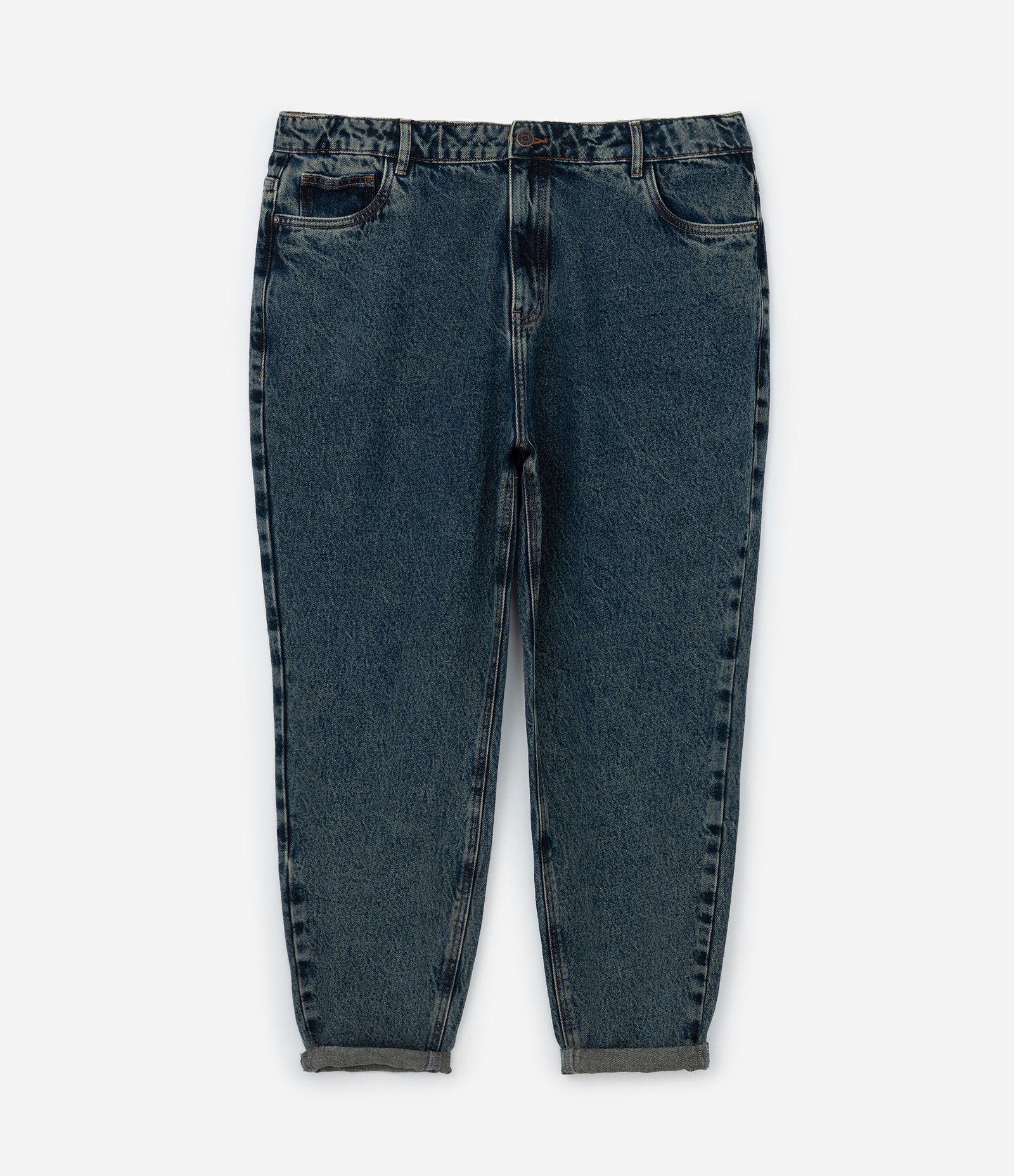 Calça Mom em Jeans Dirty Washed com Barra Dobrada Curve & Plus Size Azul Acinzentado 6