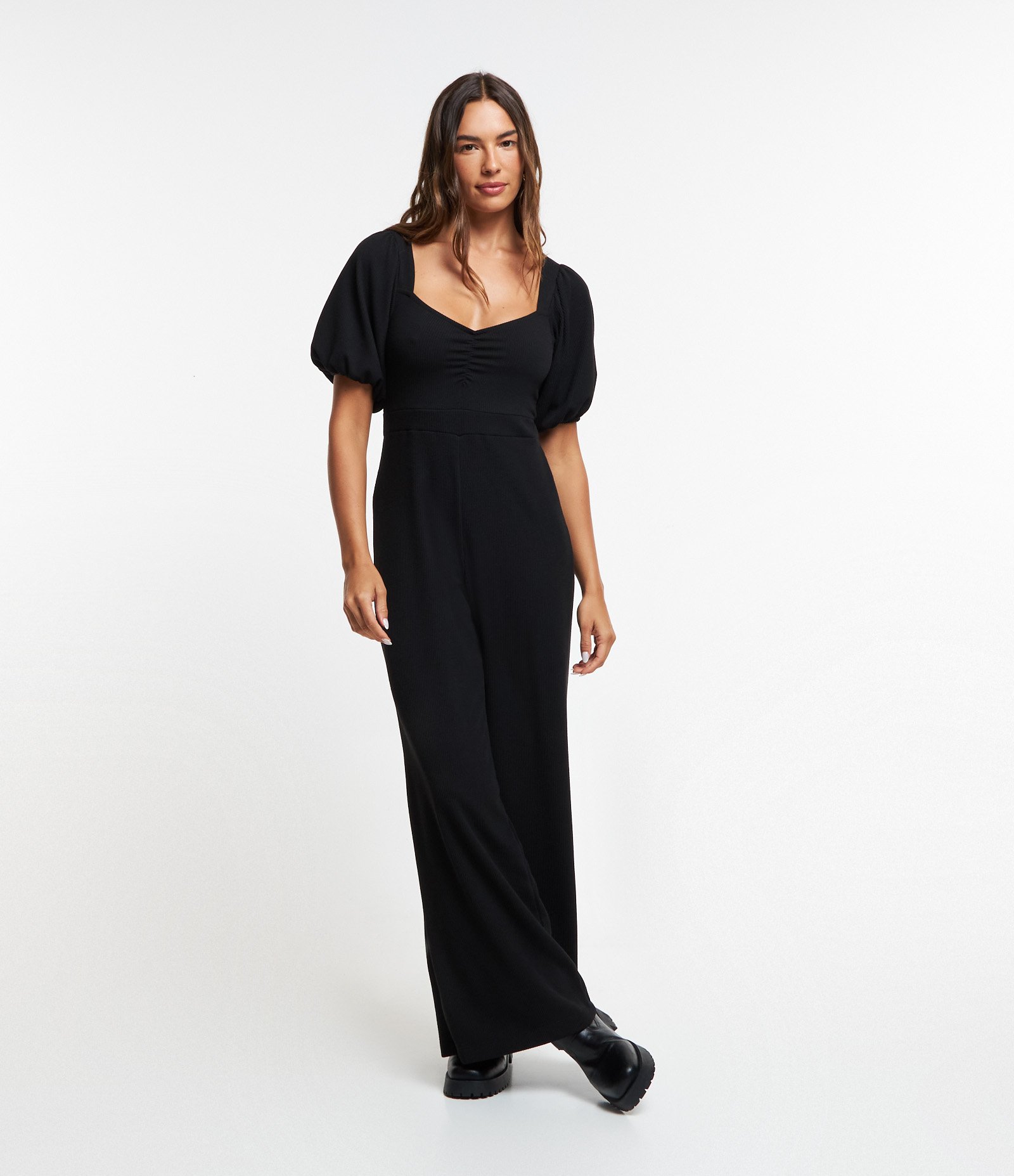 Macacão Longo em Ribana com Manga Bufante Preto 1