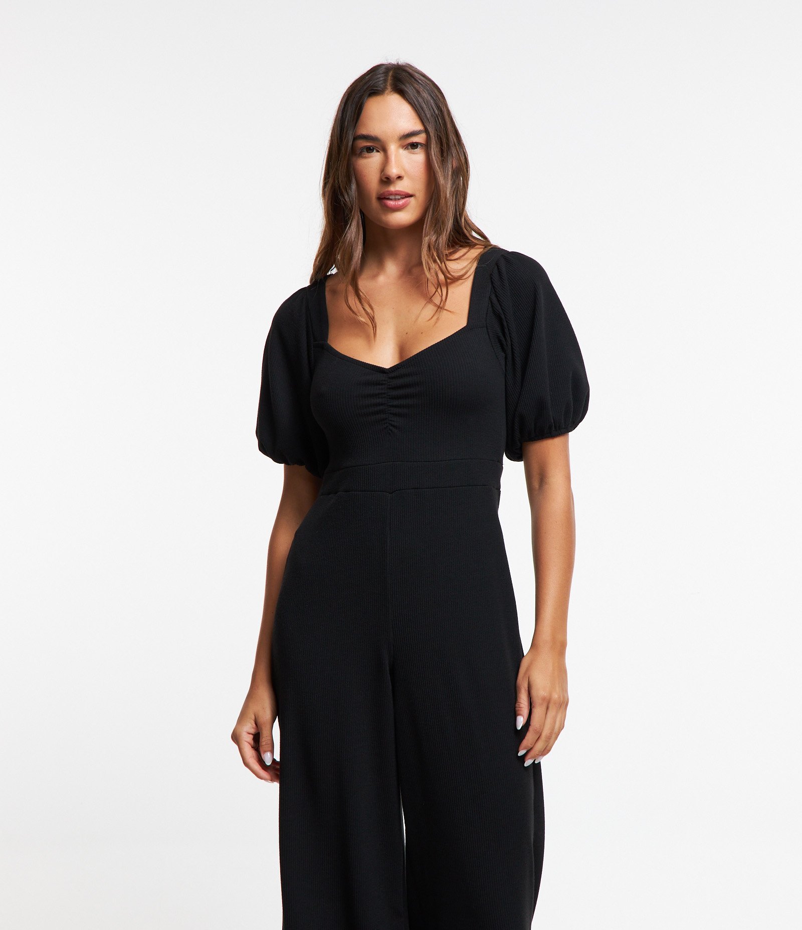 Macacão Longo em Ribana com Manga Bufante Preto 2