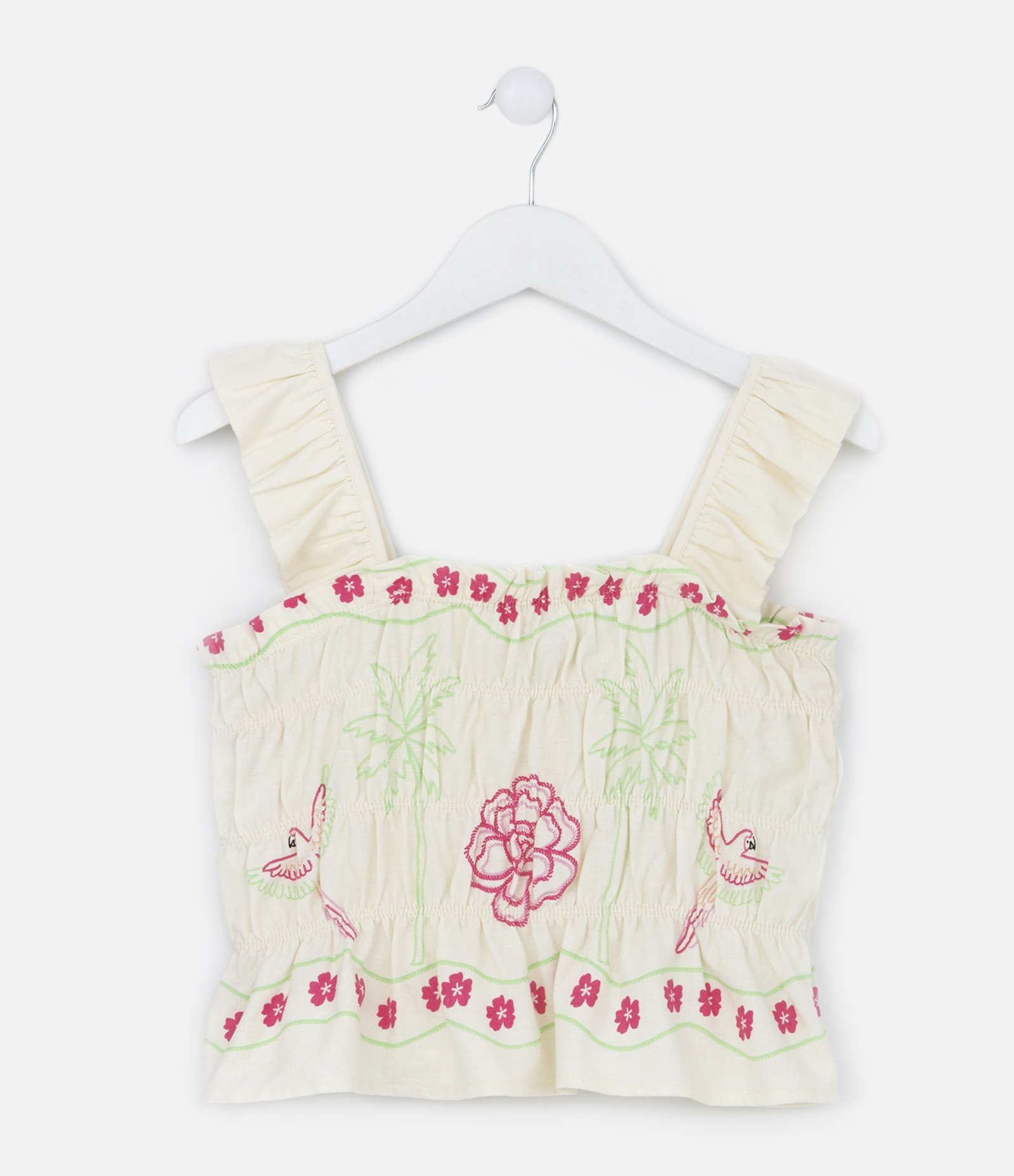 Blusa Cropped Infantil com Franzidos e Estampa de Araras e Flores - Tam 5 a 14 Anos Bege 1