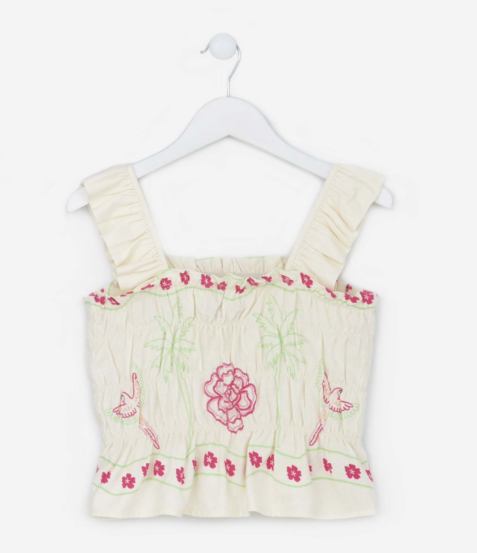 Blusa Cropped Infantil com Franzidos e Estampa de Araras e Flores - Tam 5 a 14 Anos Bege 2