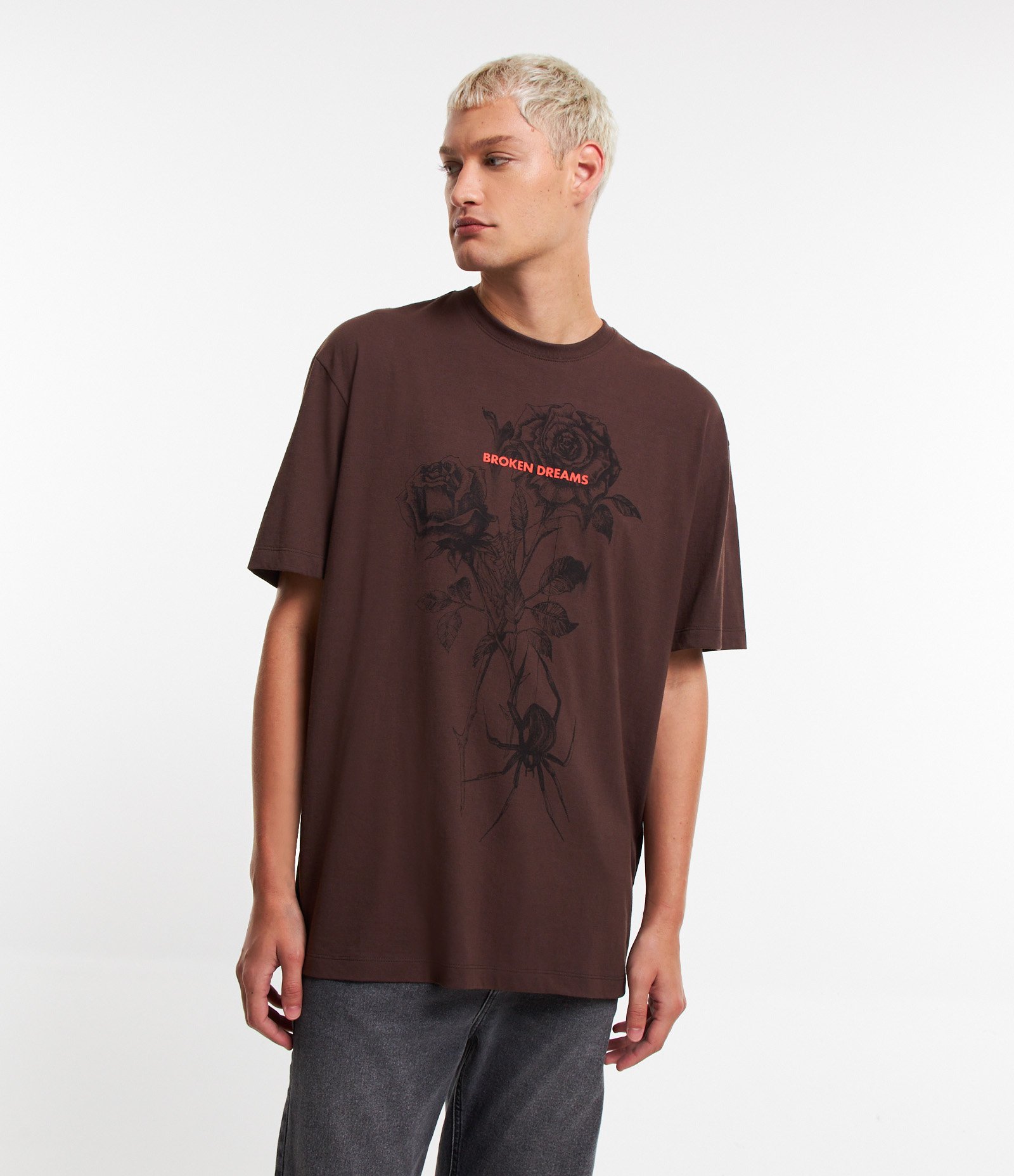 Camiseta Relaxed em Algodão Estampa Rosas e Lettering Marrom 1