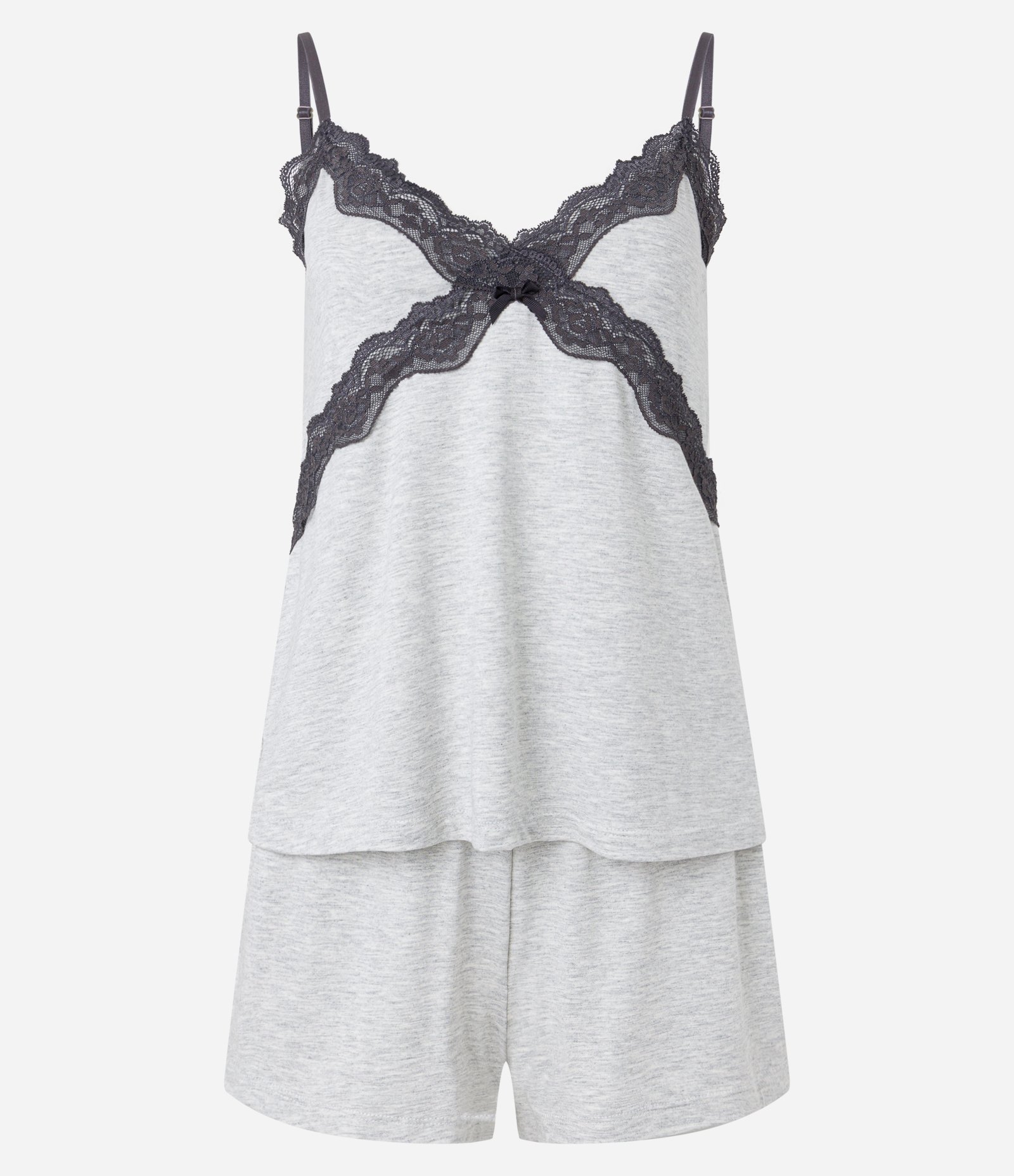 Pijama Short Doll em Viscolycra com Detalhe em Renda Cruzada Cinza 5
