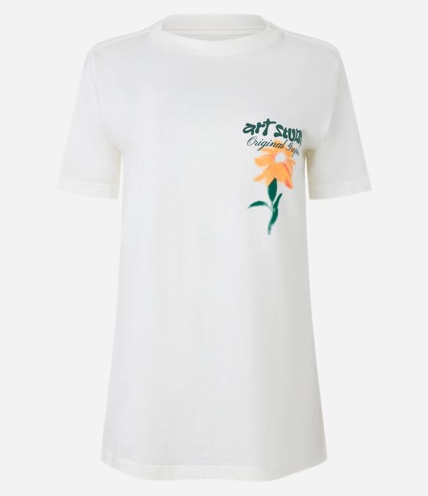 Camiseta Alongada em Algodão com Estampa Frente e Costas Art Studios Flor Branco 6