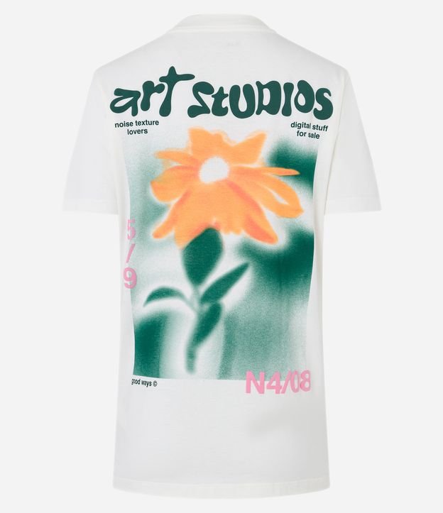 Camiseta Alongada em Algodão com Estampa Frente e Costas Art Studios Flor Branco 7