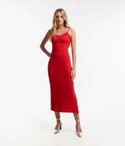 Vestido New Midi em Ribana com Recorte Vazado e Tira de Brilho