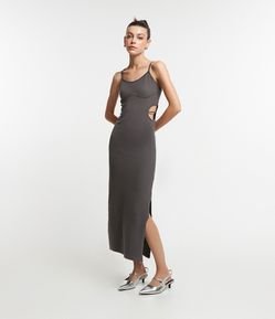Vestido New Midi em Ribana com Recorte Vazado e Tira de Brilho