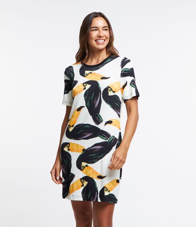 Vestido T-shirt Curto em Viscose com Estampa Tucanos