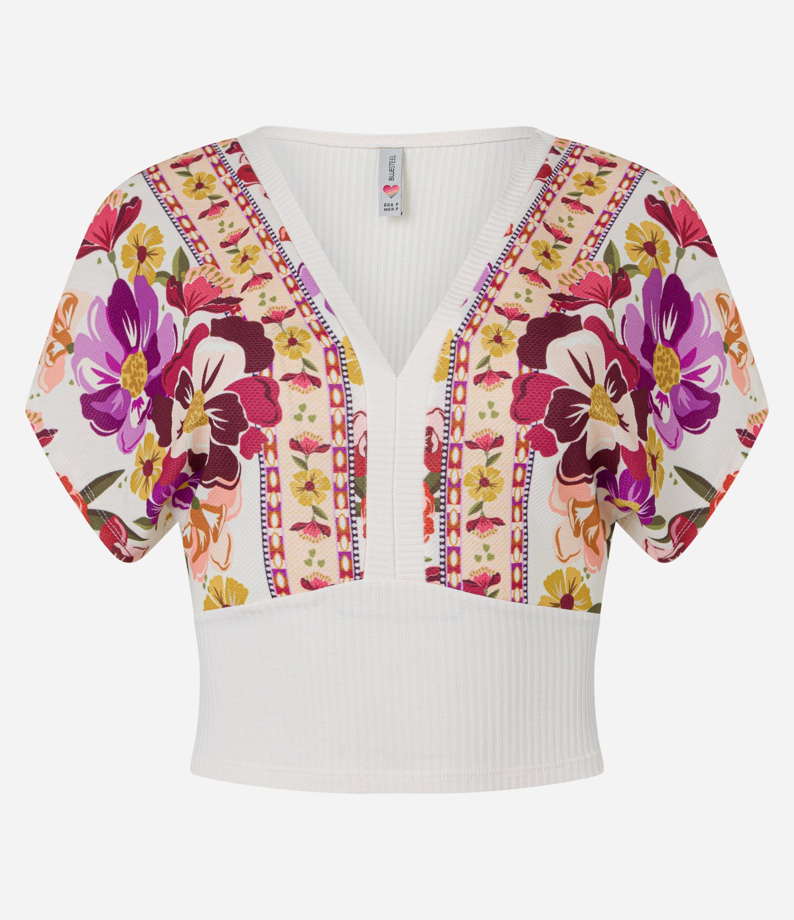 Blusa Curta em Ribana e Estampa Floral Branco 5