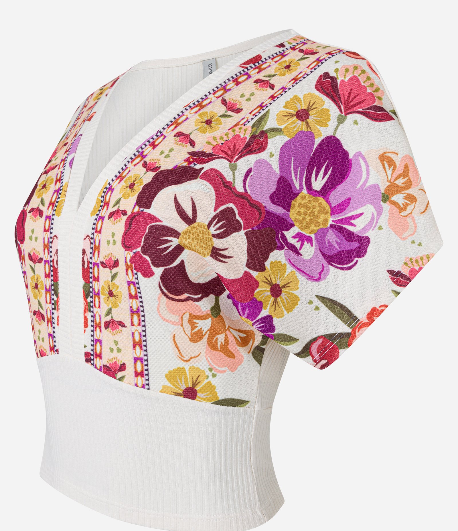 Blusa Curta em Ribana e Estampa Floral Branco 7