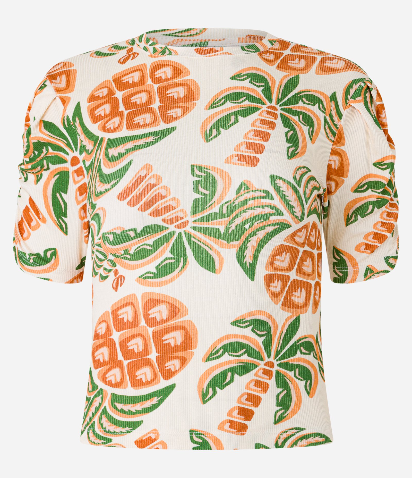 Blusa em Ribana com Manga Franzida e Estampa de Coqueiros Bege 5