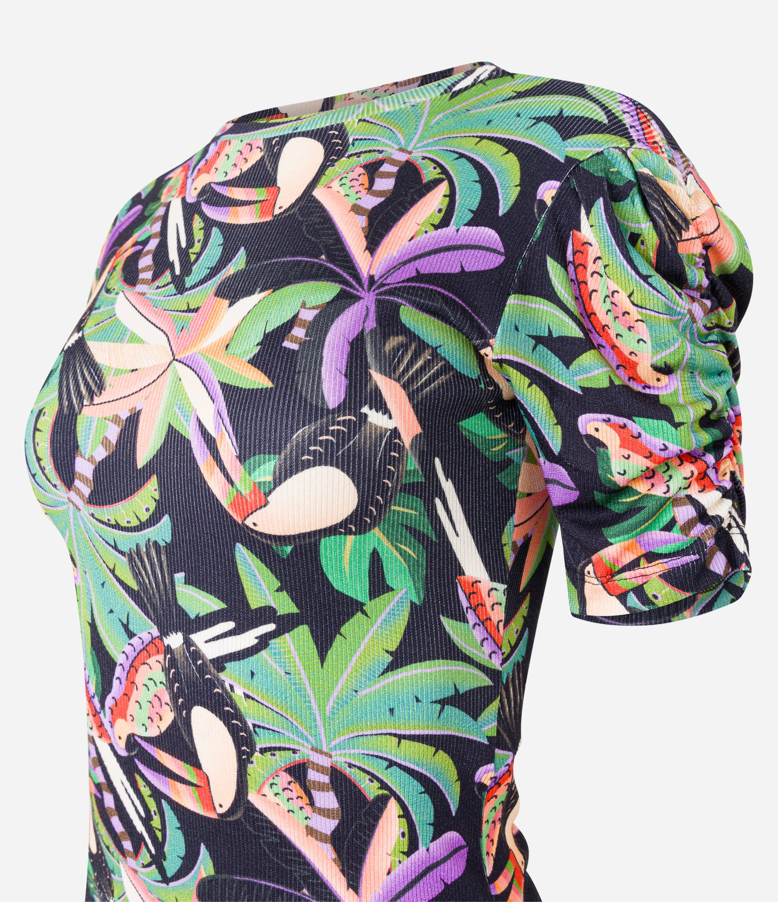 Blusa em Ribana com Manga Franzidinha e Estampa Tropical Preto 6