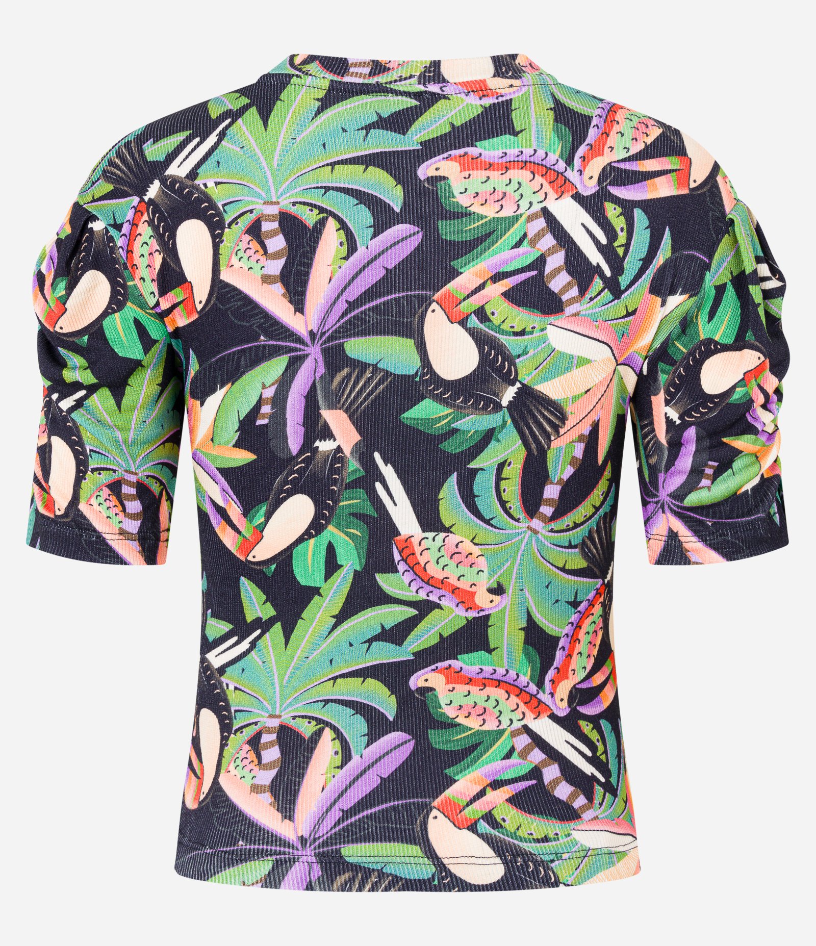 Blusa em Ribana com Manga Franzidinha e Estampa Tropical Preto 7