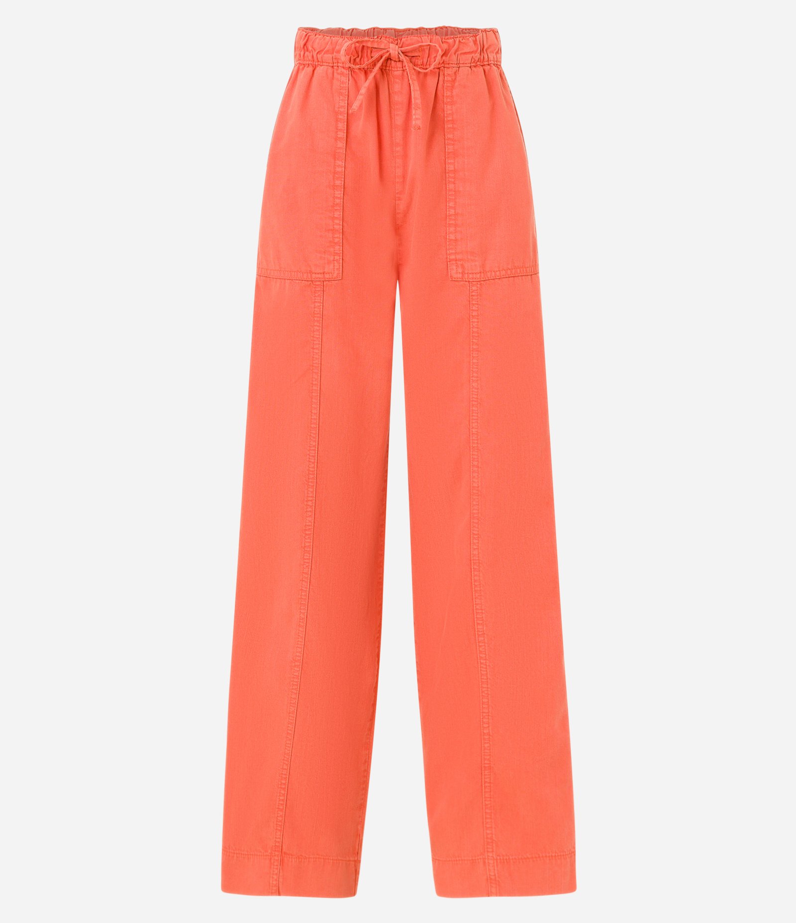 Calça Wide Leg em Sarja com Bolsos e Recortes Laranja 6