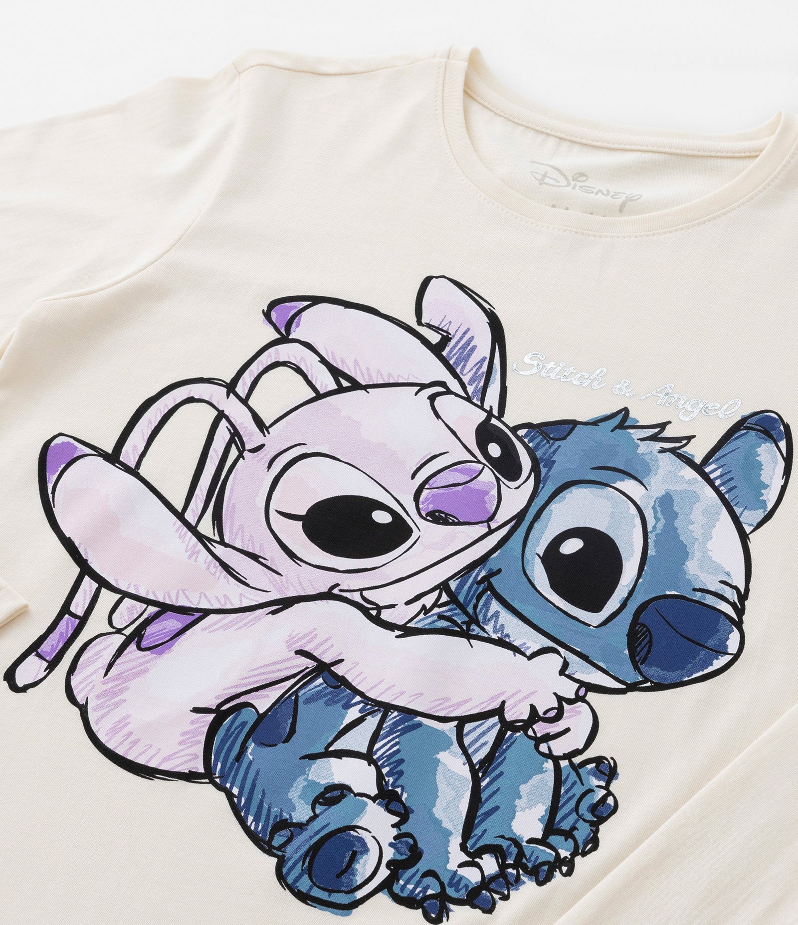 Camiseta Infantil Manga Longa com Estampa do Stitch e a Angel Tam 5 a 14 anos Bege