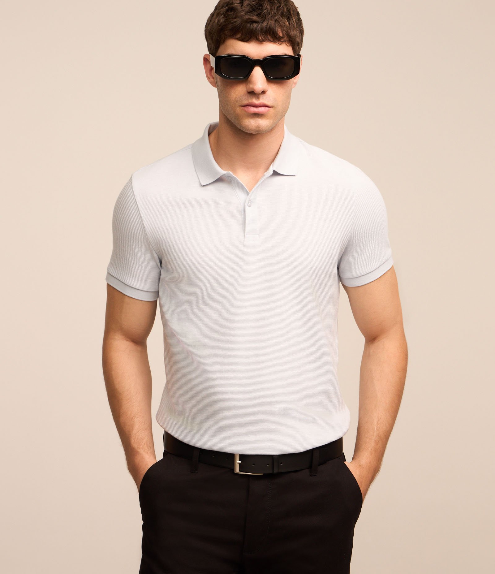 Camiseta Polo Slim com Botões e Textura Canelada Azul Claro 3