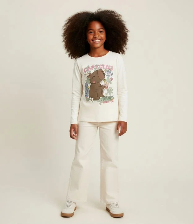 Camiseta Infantil Manga Longa com Estampa de Capivara - Tam 5 a 14 anos